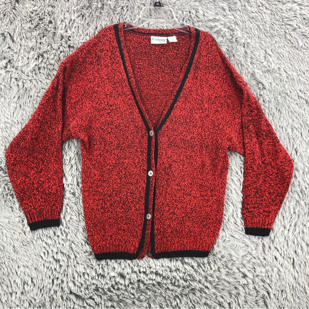 Exclusive Imports Cardigan Sweater Womens Medium Silk Blend Button Up Red Black